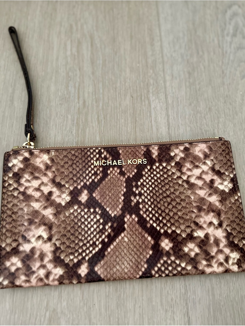 Michael Kors Brown Snake-Print Wristlet Clutch with Gold Logo